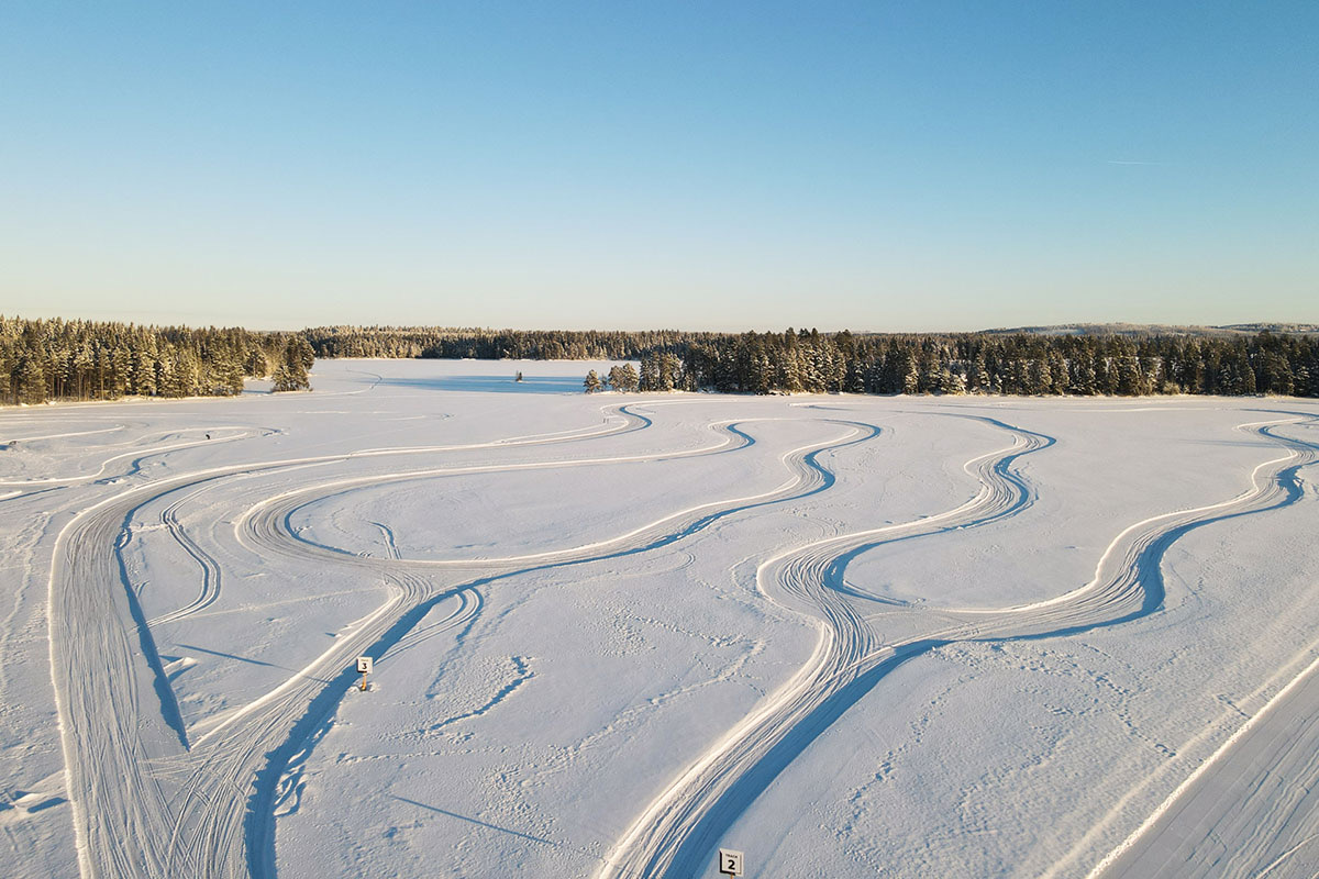 Aerial view of the carved ice circuits in Finnish Lapland